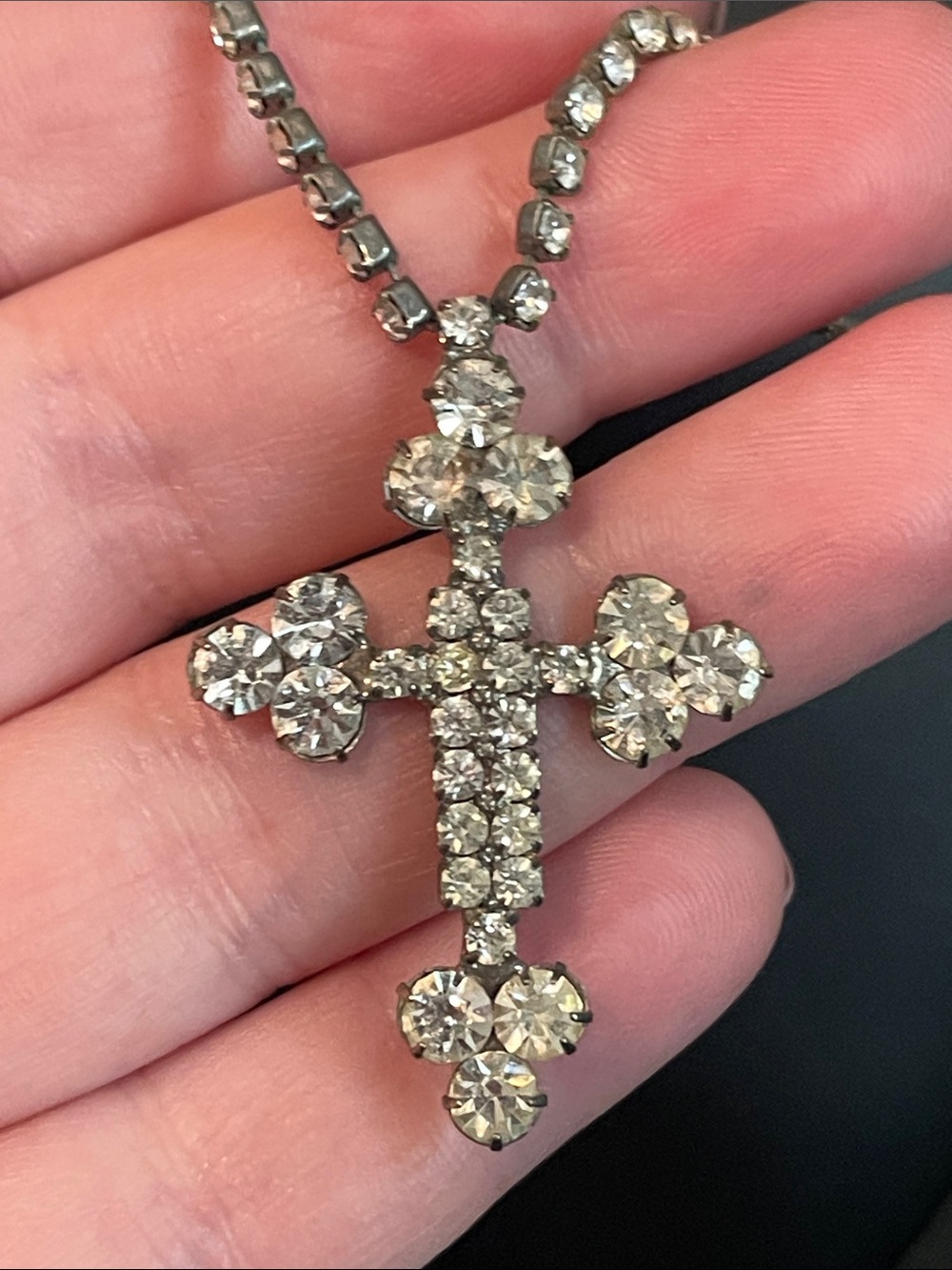 1950’s Soldered Glass Rhinestone Cross Statement Choker Necklace - Picture 3 of 8